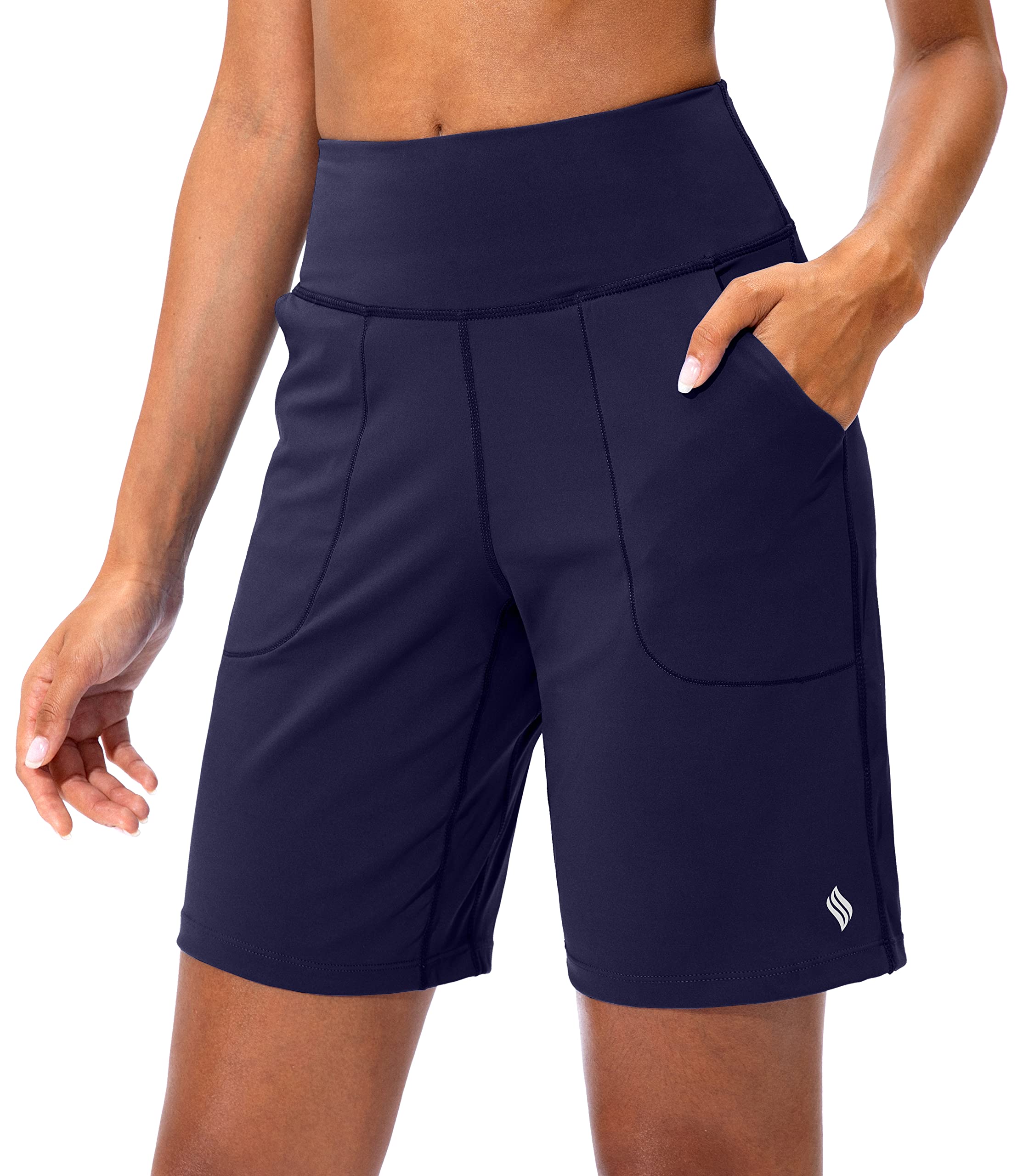 SANTINY High Waisted Bermuda Shorts for Women Running Workout Athletic with Zipper Pocket